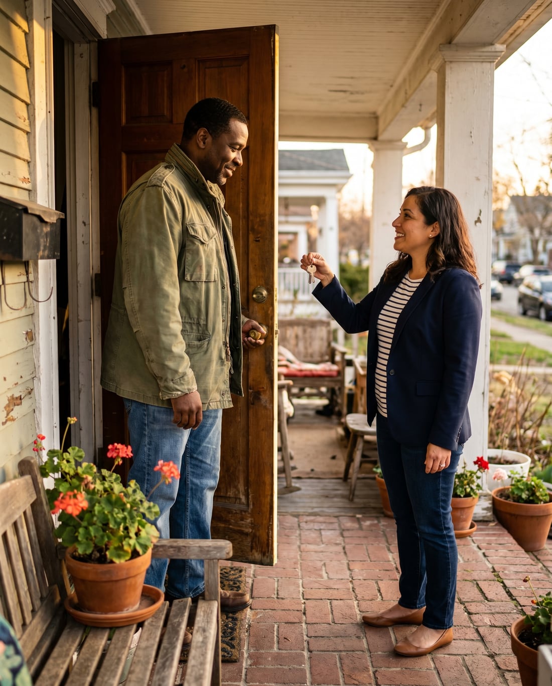 A veteran being welcomed at the front door of a warm, well-kept home and handed the keys by a housing case worker in golden afternoon light