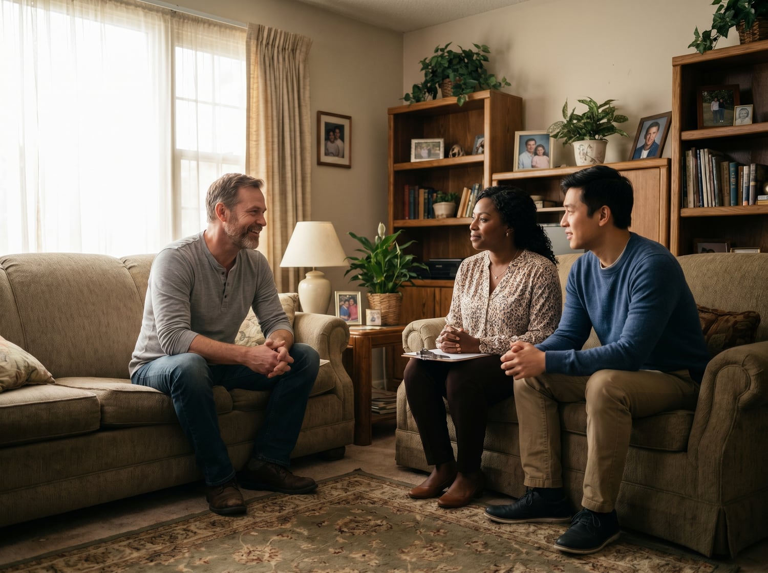 A military veteran in relaxed conversation with a social worker and another resident in a comfortable, sunlit living room
